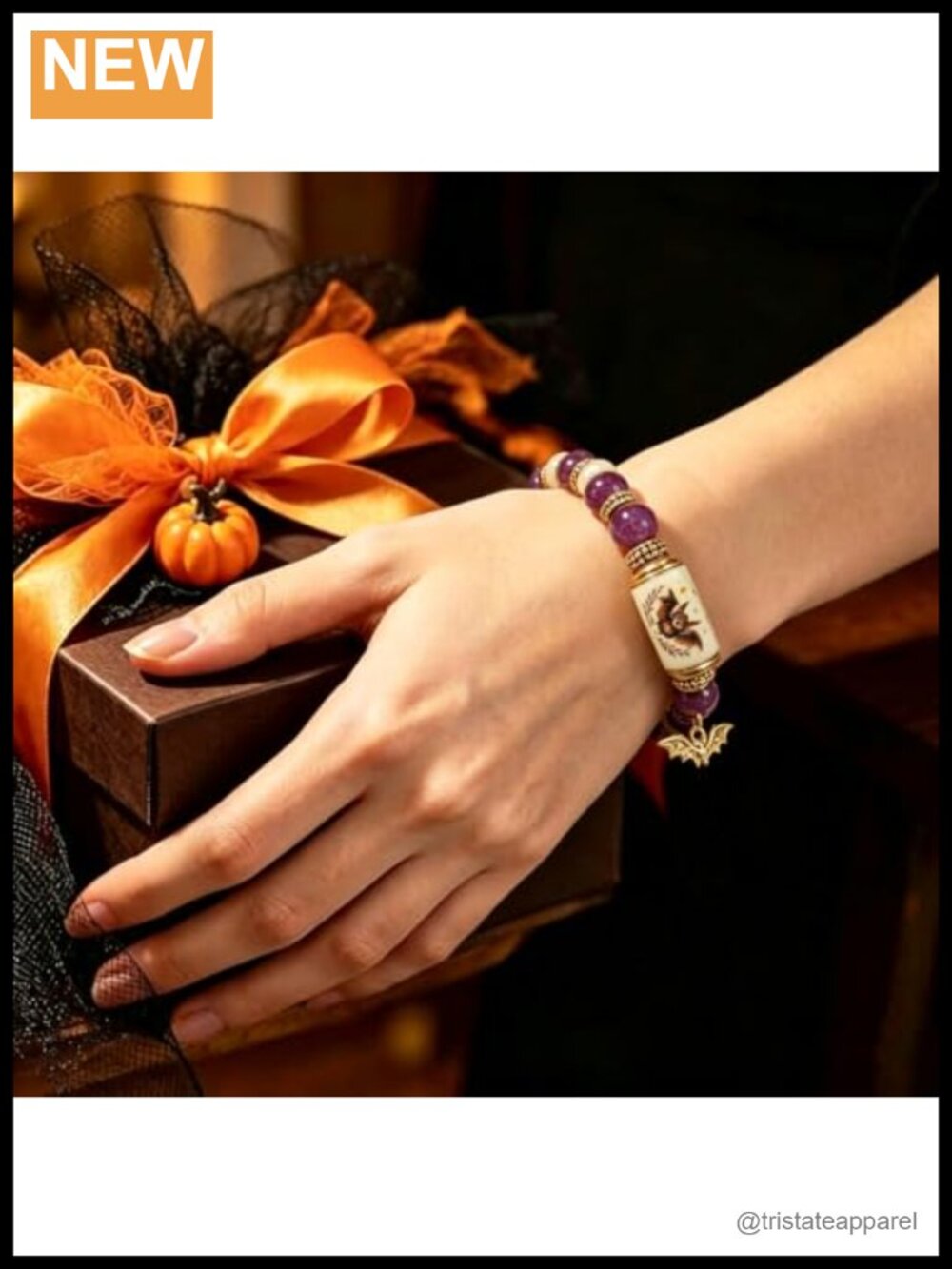 Halloween Beaded Stretch Bracelet Acrylic Charm Bat Ghost Spider - Picture 3 of 6